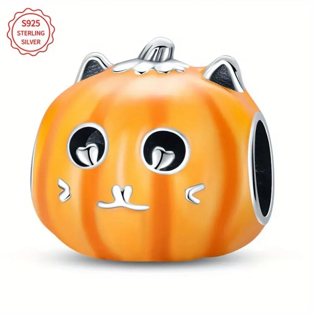 🆕 9.25 Silver - Orange Tabby Cat - Pumpkin Charm - Luminous -  Jack O'Lantern 🎃
